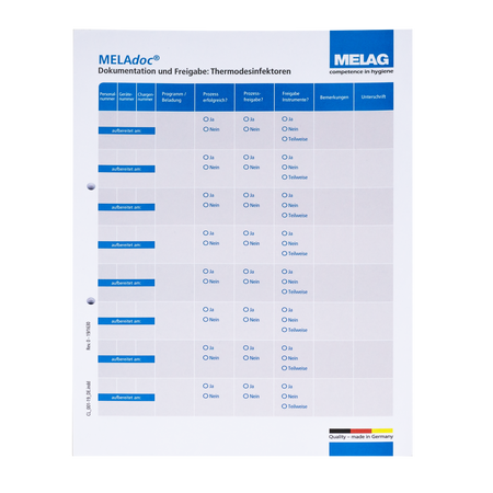 Feuilles de documentation MELAdoc pour le nettoyage et la désinfection, 10 blocs de 100 feuilles, MELAG ME01093