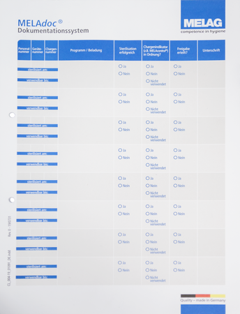 MELAdoc Sterilization Documentation Sheets for Autoclaves, 1000 Forms (10 Pads x 100 Sheets), MELAG GmbH, ME01091