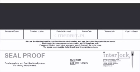 Teste de Eficiência de Selagem Seal PROOF para Seladoras de Rolos, 250 Unidades, INTER LOCK, Controle de Qualidade para Embalagens Médico-Odontológicas